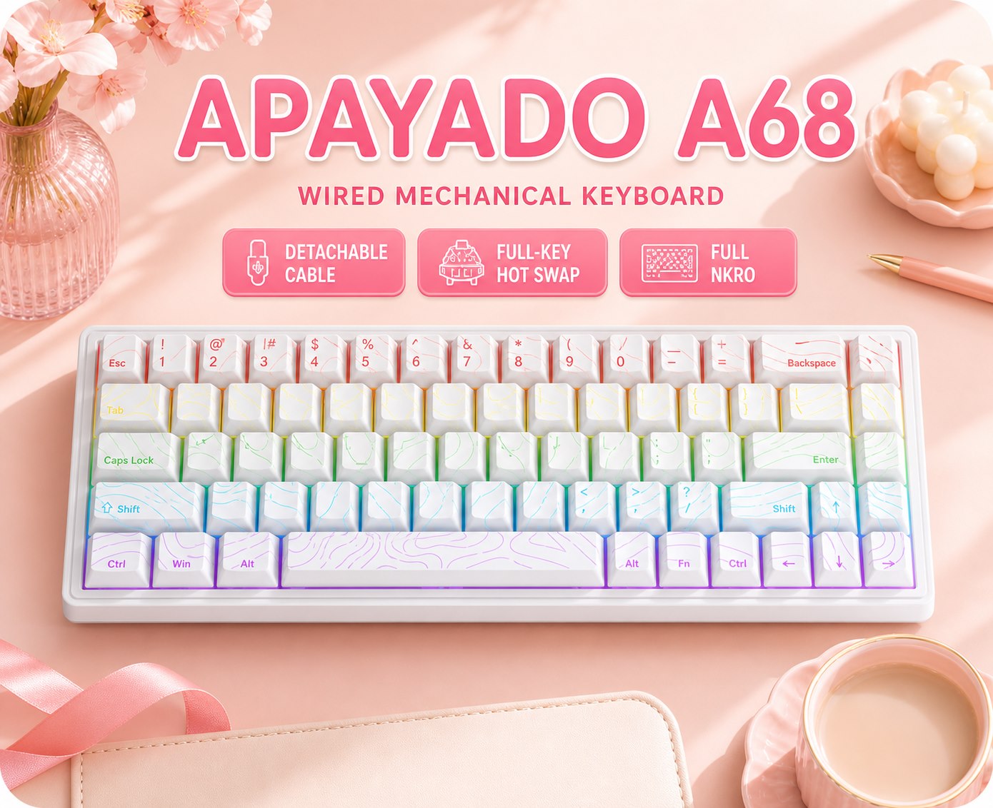Gaming Keyboard Blue Switches - APAYADO A68 Bedraad Mechanisch Toetsenbord Hot-Swappable